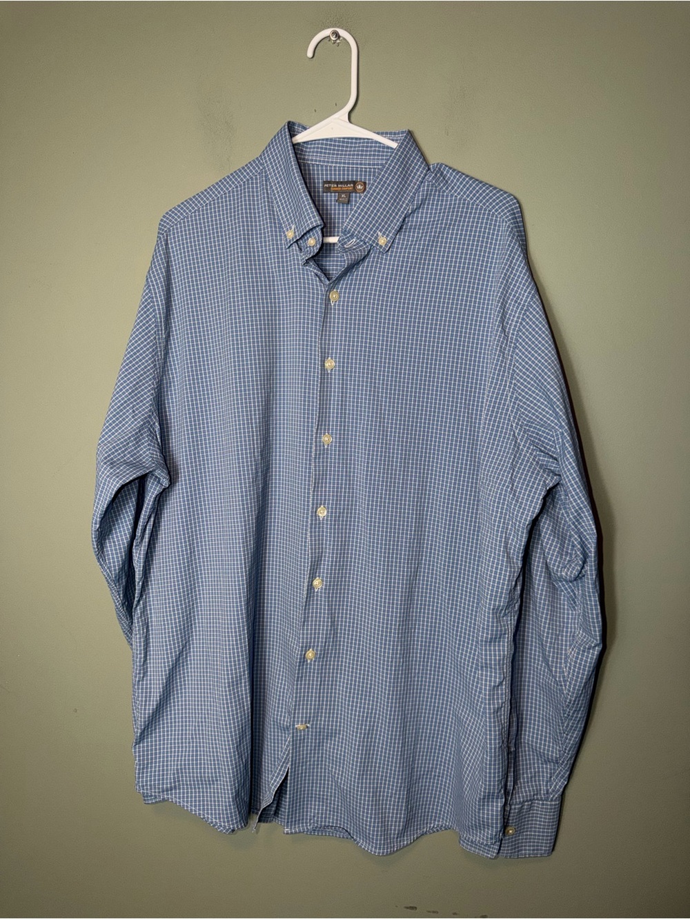 Peter Millar Men's Blue Micro-Check Button-Down Shirt Summer Comfort XL
